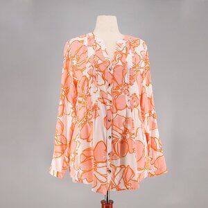 MAEVE ANTHROPOLOGIE Coral Orange Pin-Tuck Button Up Tunic Top Roll Tab Size L
